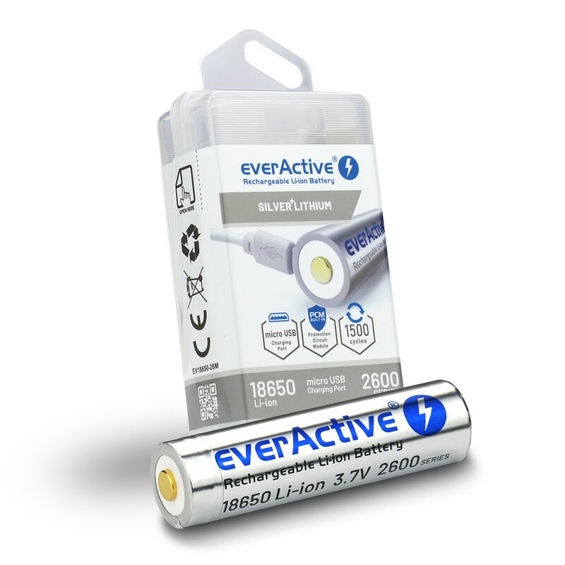 everActive 18650 3.7V Li-ion 2600mAh micro USB rechargeable battery 