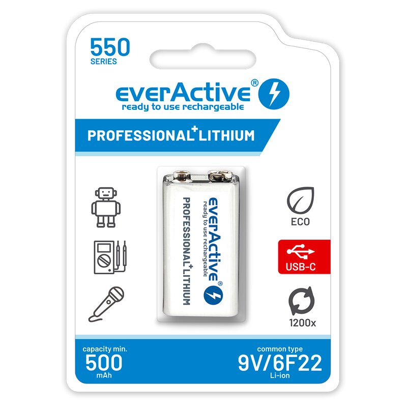 everActive 9V Li-ion 550 mAh Professional+ Lithium USB-C rechargeable battery