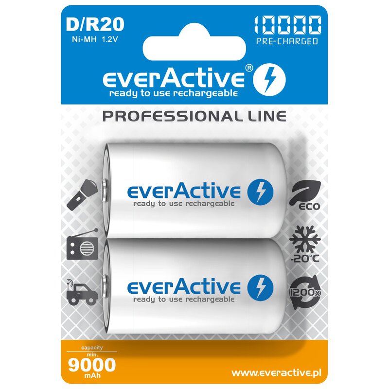 2 x everActive D Ni-MH 10000 mAh Professional line polnilne baterije