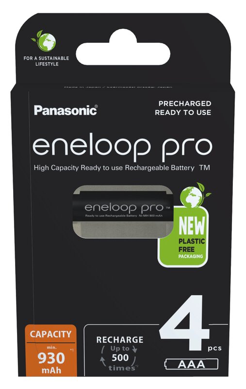 4 x Panasonic Eneloop PRO AAA 930mAh Ni-MH rechargeable batteries