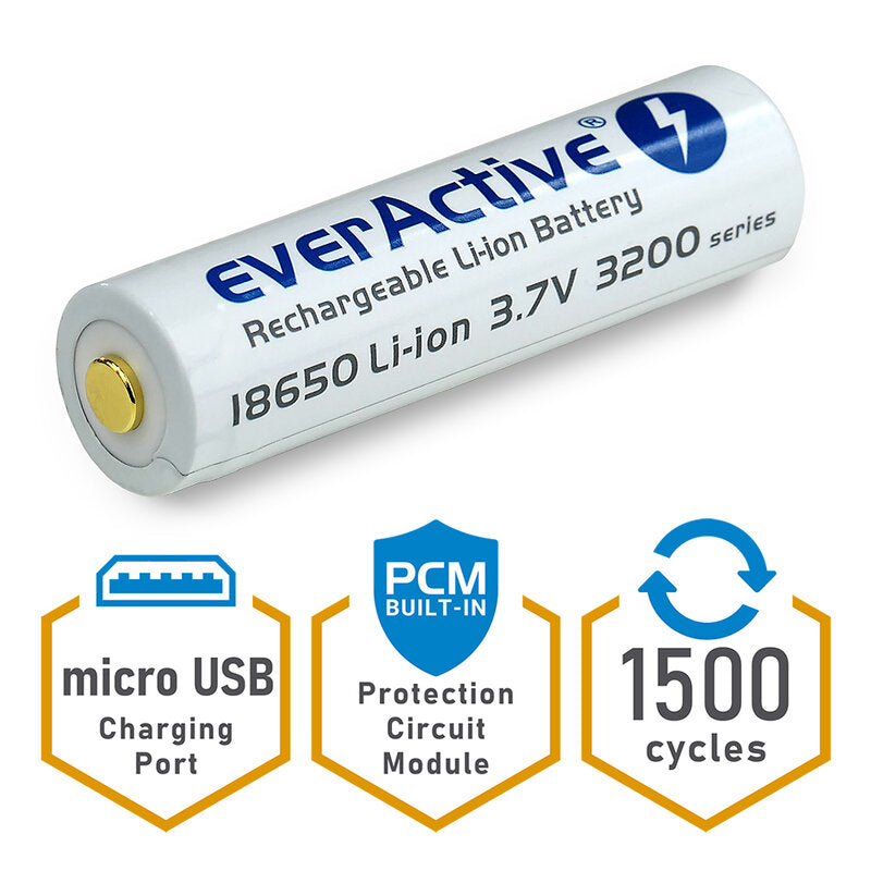 everActive 18650 3.7V Li-ion 3200mAh Micro USB Rechargeable Battery 